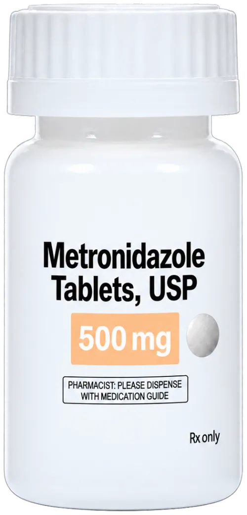 Bottle of metronidazole 500 mg tablets