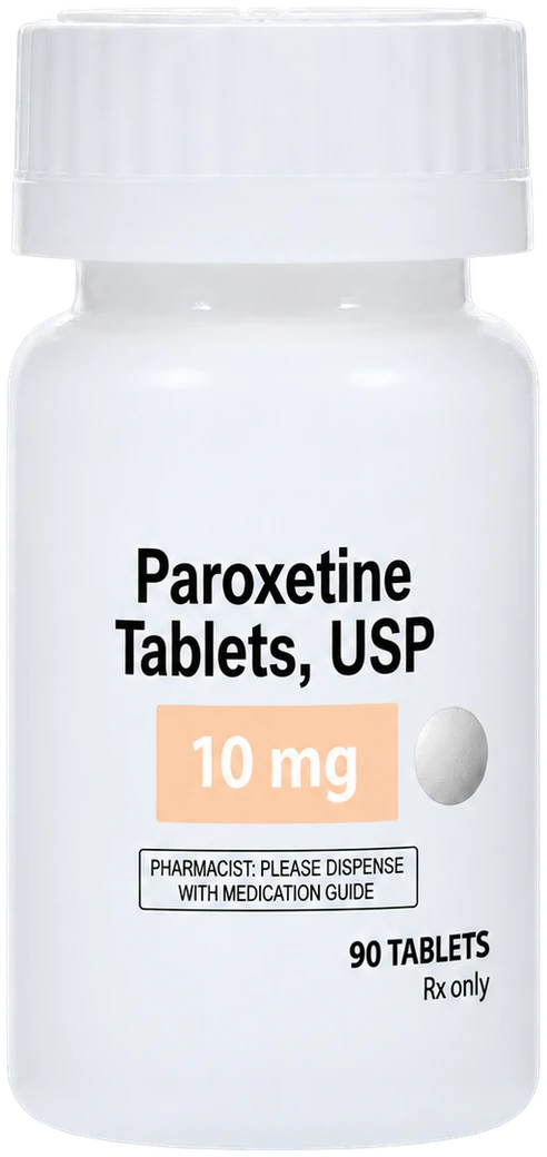 White pharmacy bottle labeled Paroxetine Tablets, USP 10 mg, 90 tablets