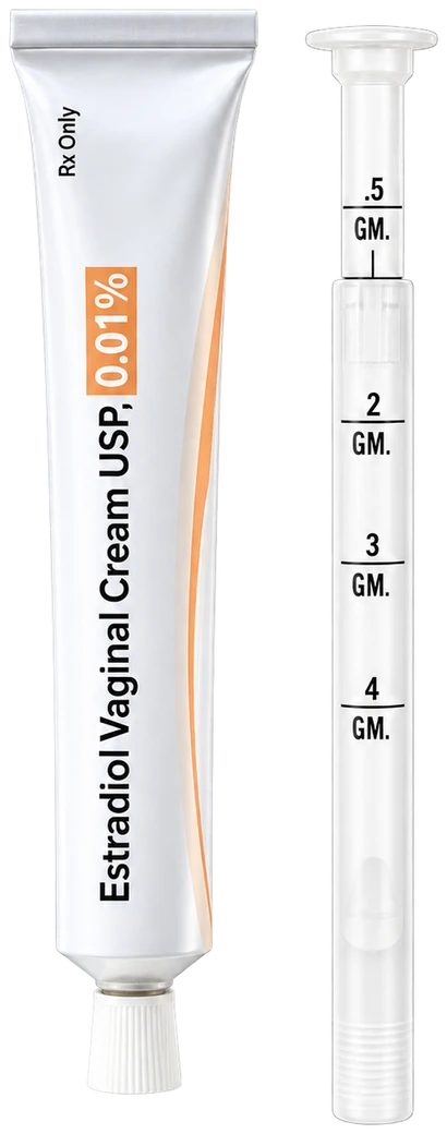 Tube of estradiol vaginal cream 0.01% beside its measured applicator